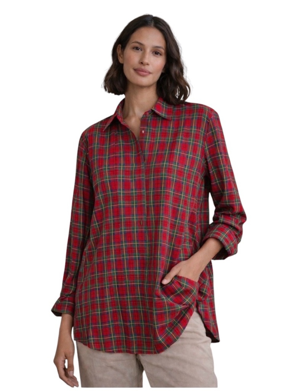 Women’s Land’s End Size 18W Red/Green/Black Cotton Plaid BF Blouse Shirt Top
